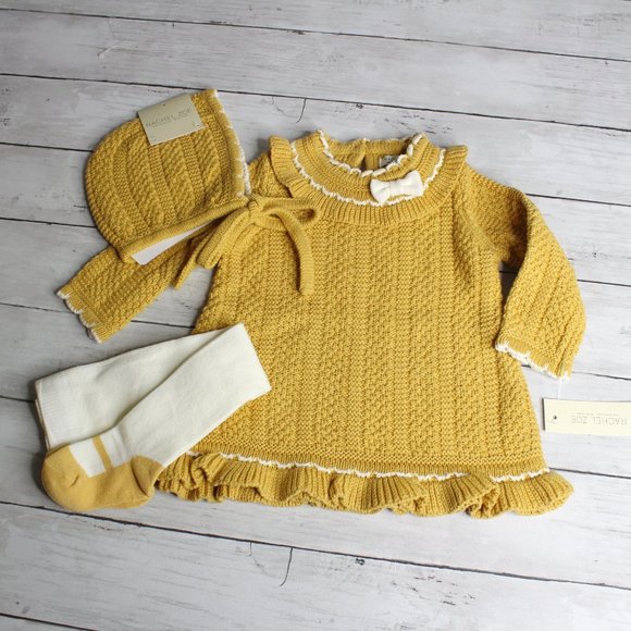 Rachel Zoe Baby Girl's Sweater Dress Bonnet Hat Tights Set Size 6-9 Mo - Picture 8 of 8